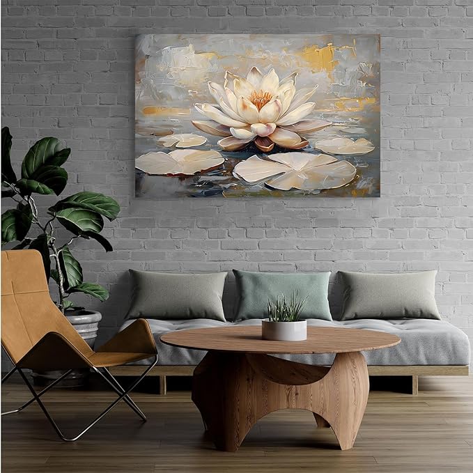 Ethereal white lotus floating on Crystal Waters poster vintage oil painting printwall art soft blush and gold accents serene home and office decor dreamy 16x24in Wood Framed