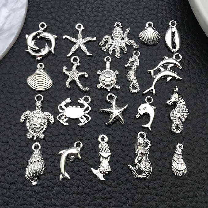 WOCRAFT 60pcs Bright Silver Ocean Bracelet Charms for Jewelry Making Sets DIY Necklace Bracelet Keychain Crafting Charms Kit Craft Supplies (SN885)