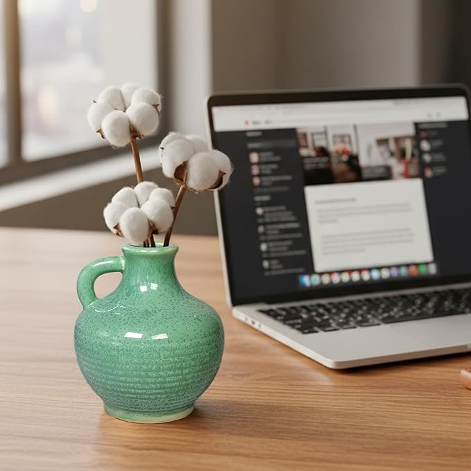 Sunddo Green Ceramic Vase for Centerpieces - 6 Inch Modern Decorative Vase with Handle, Small Pitcher Vases for Home Decor, Living Room Kitchen Bedroom Entryway Mantel Shelf Decor