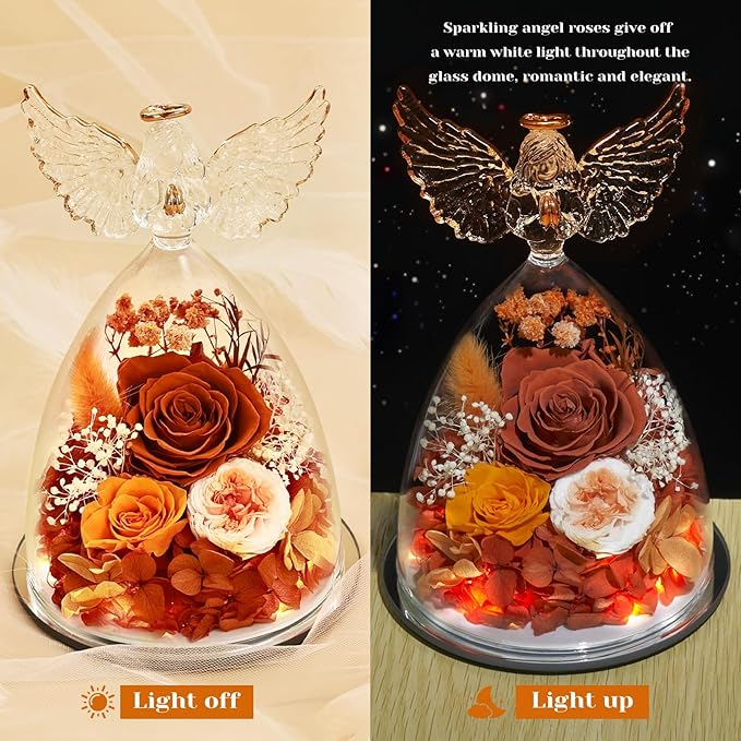FIACO Gifts for Women Mom Preserved Rose Forever Flower in Glass Angel Figurine Fresh Flowers for Delivery Birthday Gifts for Grandma Wife Sister Christmas Anniversary Eternal Roses