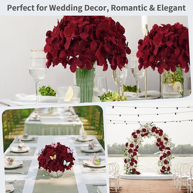 64PCS Artificial Hydrangea Flowers with Stems, Silk Hydrangea Heads with LED Decorative Lights, Crystal Strings & Butterfly Accents for Wedding Centerpieces and Home Decor(64, Burgundy)