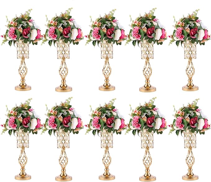 Set of 10 Metal Crystal Wedding Centerpiece Vases for Tables, 20in Silver Trumpet Flower Vase Stands for Wedding Party Reception Dining Room Living Room Décor
