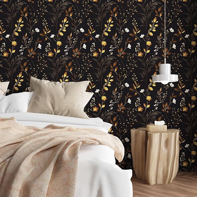 Black Floral Wallpaper Peel and Stick, Dark Gold Vintage Flower Contact Paper, Golden/White Botanical Wall Paper Self Adhesive Waterproof Removable for Room Cabinet Drawer Table Decor 17.5" x 118"