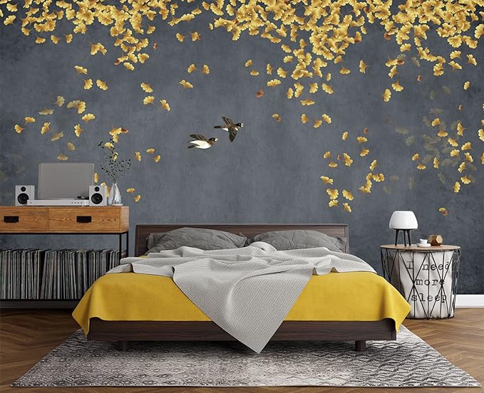 Ginkgo Leaf Flower Bird Wall Mural Wallpaper for Bedroom 103" x 69"