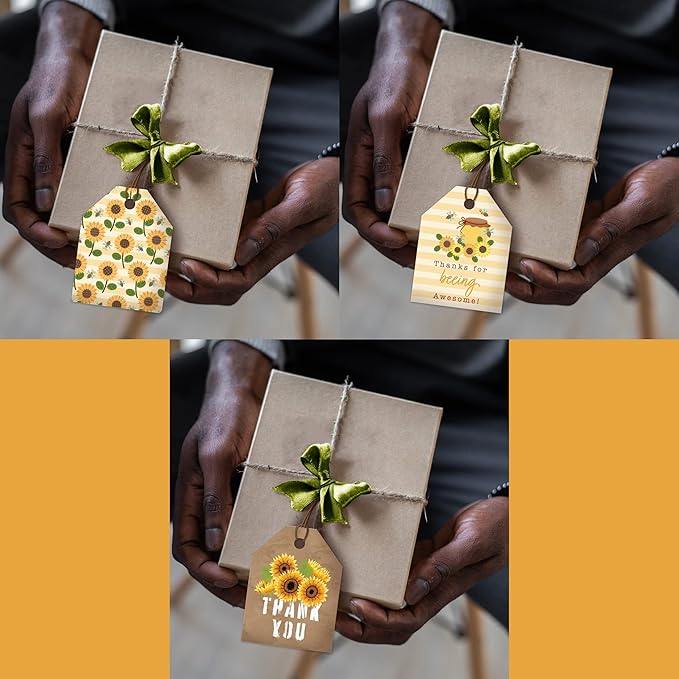Pro Supply Global Strung Sunflowers Theme Gift Tags - 2.5x3 Inch 24 Pack - 3 Design Styles Assorted Cardstock Prints Pre-Strung Hanging Labels Suitable for Wrapping Favors DIY Presents Packaging Bags.