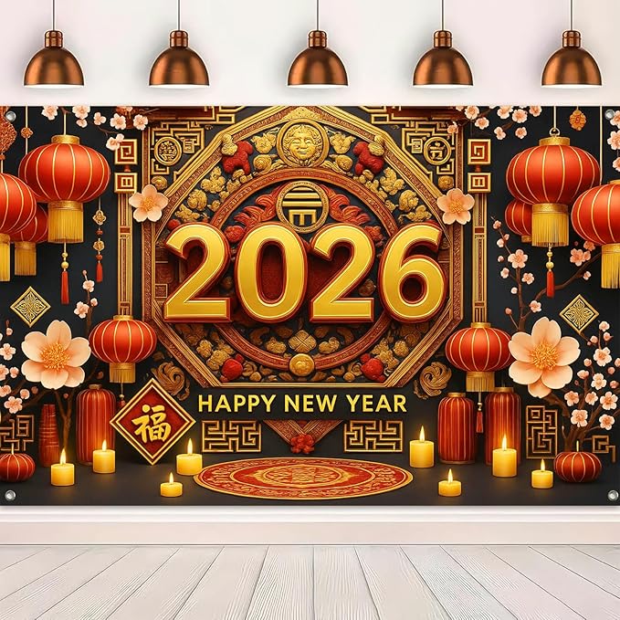 Chinese New Year Banner 71x43 Inch 2026 Spring Festival Wall Decoration with Red Lanterns and Plum Blossoms Lunar New Year Backdrop for Home Party Holiday Photo Background