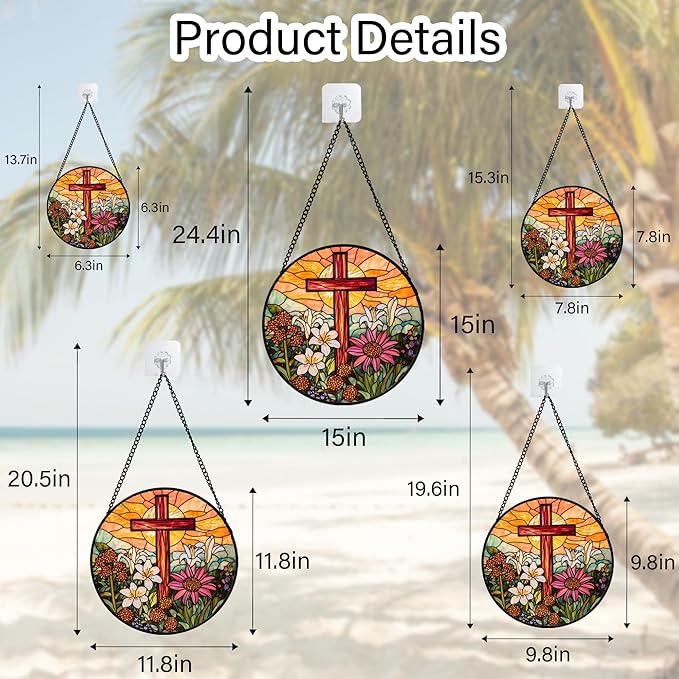 Christian Gifts for Women - Cross Stained Glass Window Hanging Easter Flower Sunset Landscape Sun Catcher Garden Religion Decor Mother's Day Catholic Gift for Men Grandma Mom Her Nana 6.3"