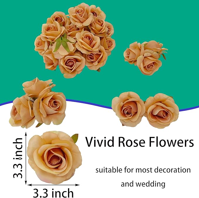 Artificial Light Coffee Satin Rose Flower Heads,42 Pcs Toffee Silk Rose Heads with Stems,3.5'' Rose Artificial Flowers Bulk,Artificial Brown Rose Flower Heads for DIY Crafts Bouquet (42, Toffee)