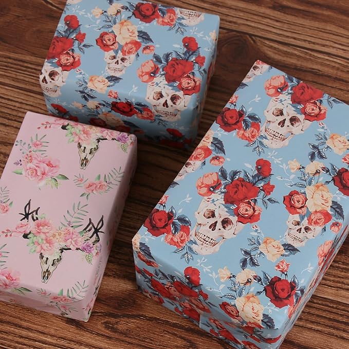 Aimyoo Pink Skull Floral Kraft Wrapping Paper Roll, All Occasion Flower Gift Wrap Paper for Birthday Wedding Bridal Shower 17 in x 10 ft