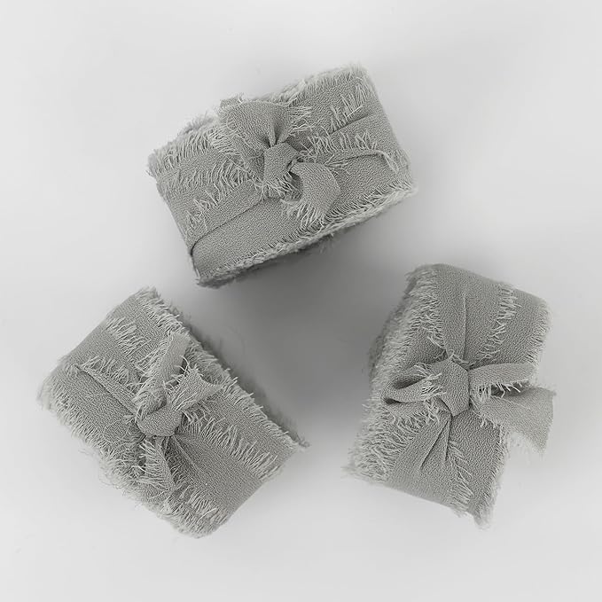 MEEDEE Silver Chiffon Ribbon 1 Inch Frayed Ribbons Gray Chiffon Silk Grey Fringe Ribbon Thin Chiffon Ribbons for Crafts, Gift Wrapping, Wedding Invitation (3 Rolls 21 Yards)