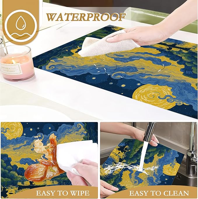 Van Gogh Style Watercolor Painting Placemats, 12 x 18 inch, Linen Placemat Kitchen Dining Room Decor Holiday Decor Rustic Vintage Waterproof Washable Placemat Set of 6