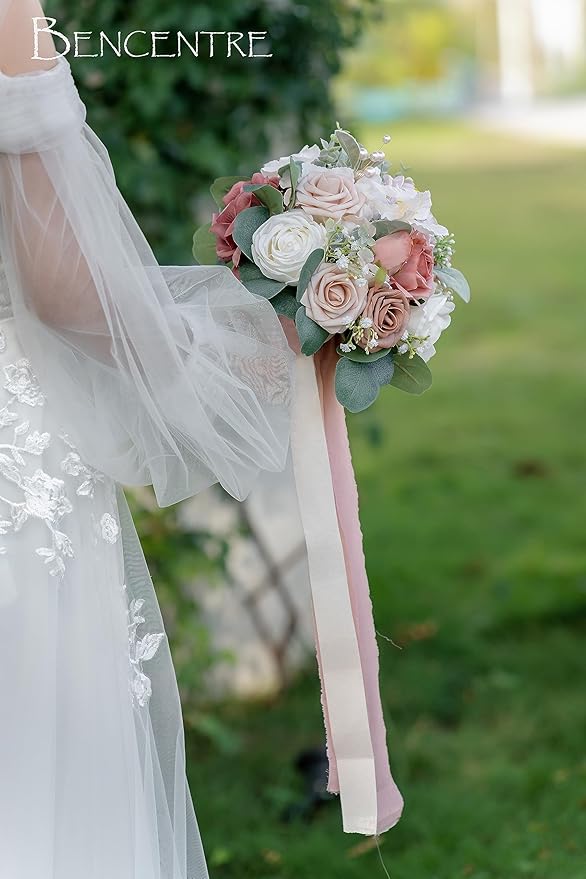 10 Inch Dusty Rose Bridal Bouquet,Wedding Bouquet, Bride Bouquets for Wedding Ceremony Anniversary, Party and French Rustic Vintage Wedding,Artificial Flowers