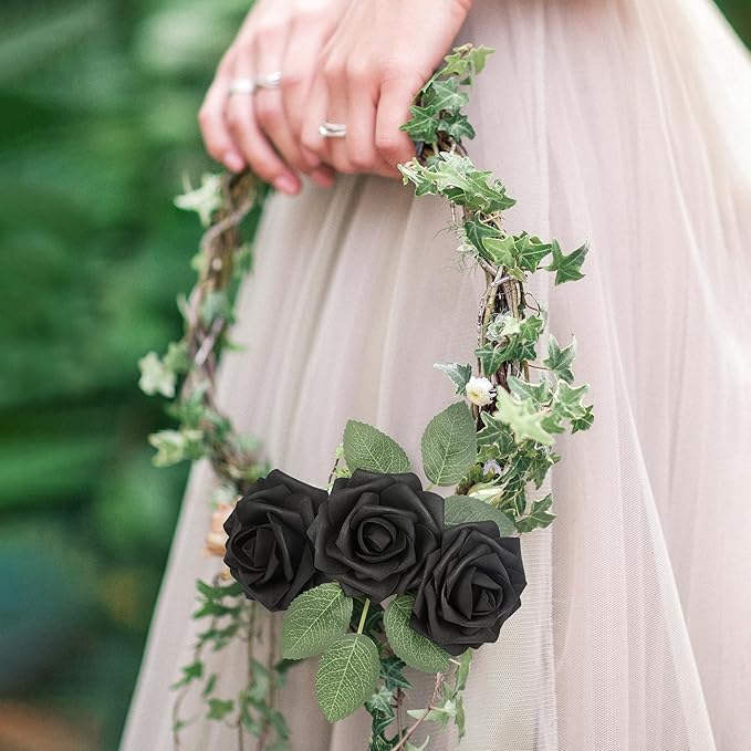 Mocoosy 50Pcs Black Roses Artificial Flowers, Fake Roses for Decorations, Real Touch Foam Rose Bulk with Stem Gothic Wedding Bouquet DIY Floral Arrangements Bridal Shower Valentine's Party Table Decor