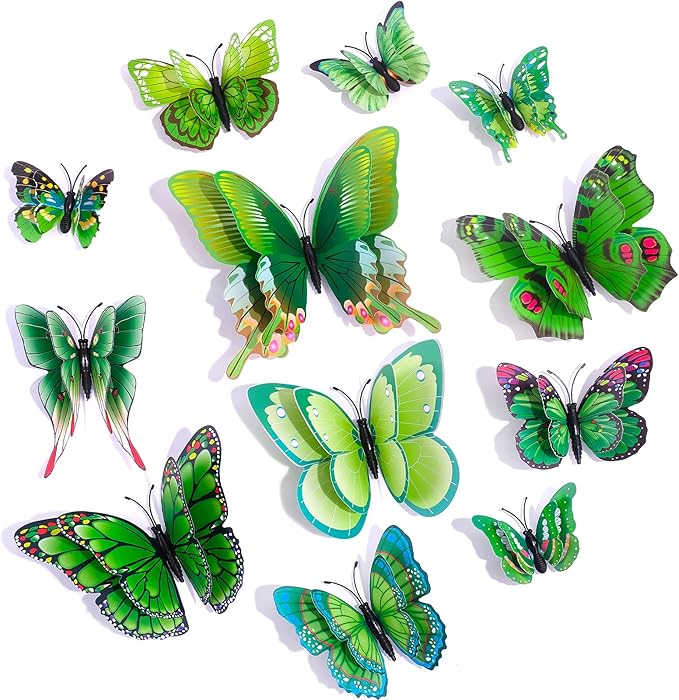 SAOROPEB 3D Butterfly Wall Decor, 24 Pcs Double Layer Butterfly Decorations for Party Decorations Locker Decor Refrigerator Decal, Reusable (Green)