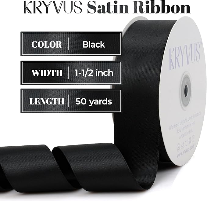 Black Satin Ribbon, Double Faced 1-1/2 Inch X 50 Yards Black Ribbon, Premium Satin Ribbon for Gift Wrapping, Crafts, Hair Bow Making, Sewing, Flower Bouquet, Wedding Party Decor