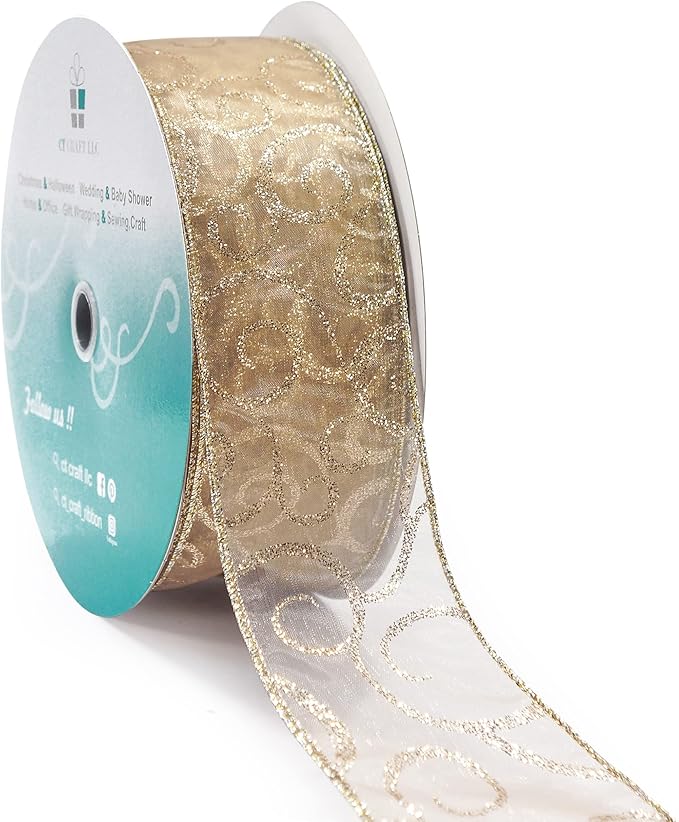 CT CRAFT LLC Organza with Champagne Gold Glitter Swirls Wired Ribbon 2.5 inch x 50 Yards for Christmas Home Decor Tree Topper Bow Gift Wrapping DIY Crafts Wreath Garland Wedding