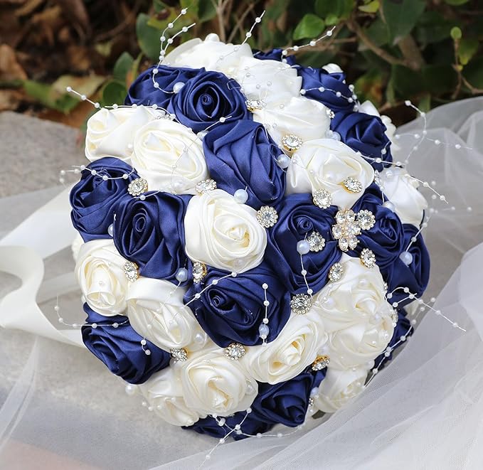 Bridal Wedding Bouquet Round Bling Brooch Bouquet Throw Toss Artificial Rose Flower Bunch for Bride Bridesmaid Wedding Quinceanera(Navy Blue & Ivory, 7.5")