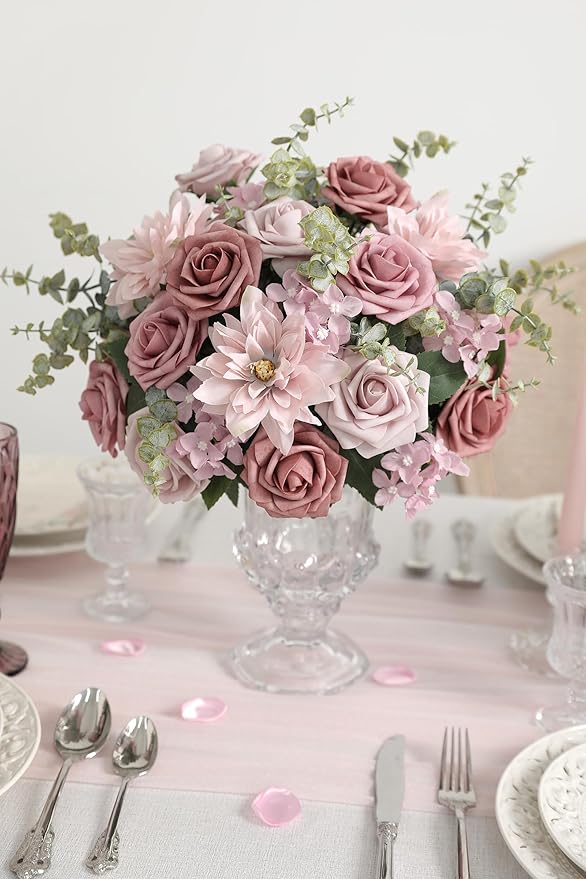 YYHUAWU Artificial Flowers Combo Box Set Gradient Color Flower Leaf with Stems for DIY Wedding Bouquets Centerpieces Baby Shower Party Home Decorations