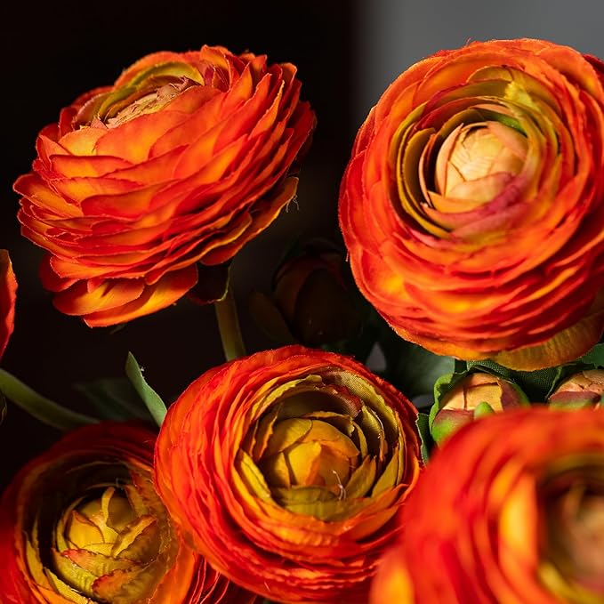 Orange Artificial Ranunculus Flowers with Real Touch Stem, Autumn Colour Ranunculus Flowers(10 Pack) (Orange)