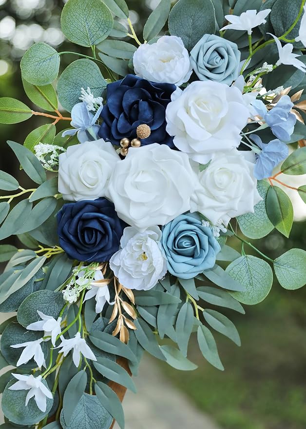 Artificial Dusty Blue Wedding Arch Flower Swags Set of 2 for Welcome Signs Floral and Wedding Reception Ceremony Decorations, White Flowers Decor