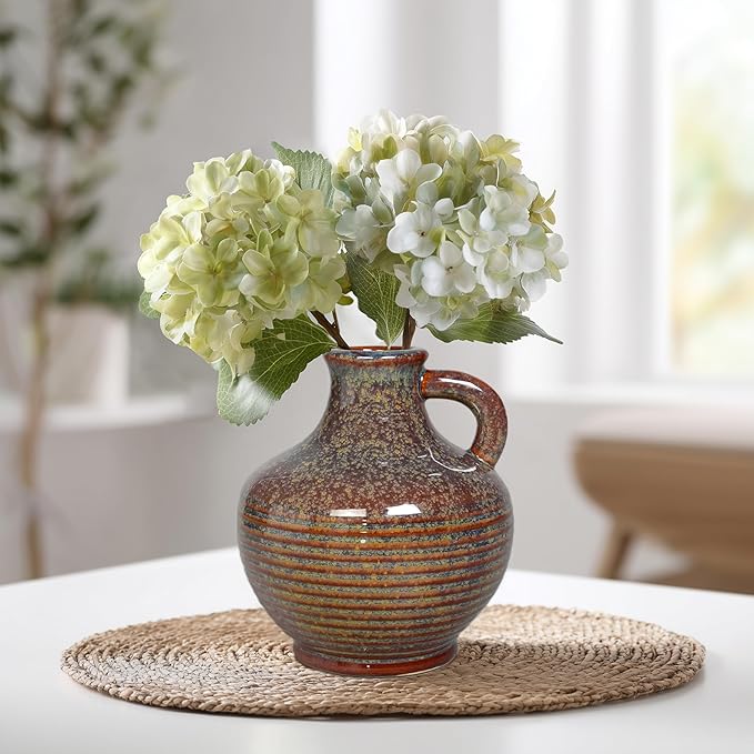 Sunddo Brown Ceramic Vase 6 Inch - Small Rustic Decorative Vase with 1 Handle, Rustic Farmhouse Decor, Bedroom, Bathroom, Bookshelf, Mantel, Coffee Table Decor