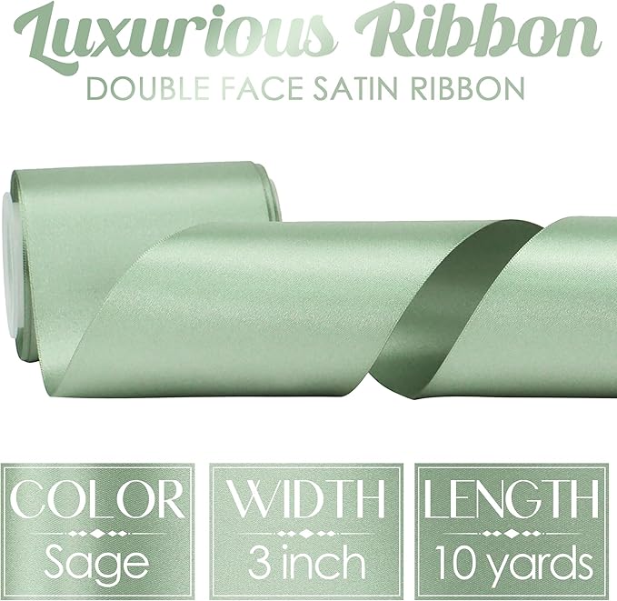 MEEDEE Sage Green Satin Ribbon Lux Double Faced Satin Ribbon by 10 Yards Sage Green Ribbons Sage 3 Inch Ribbons for Wedding, Christmas Tree Decoration, Flower Bouquet, Bow Making