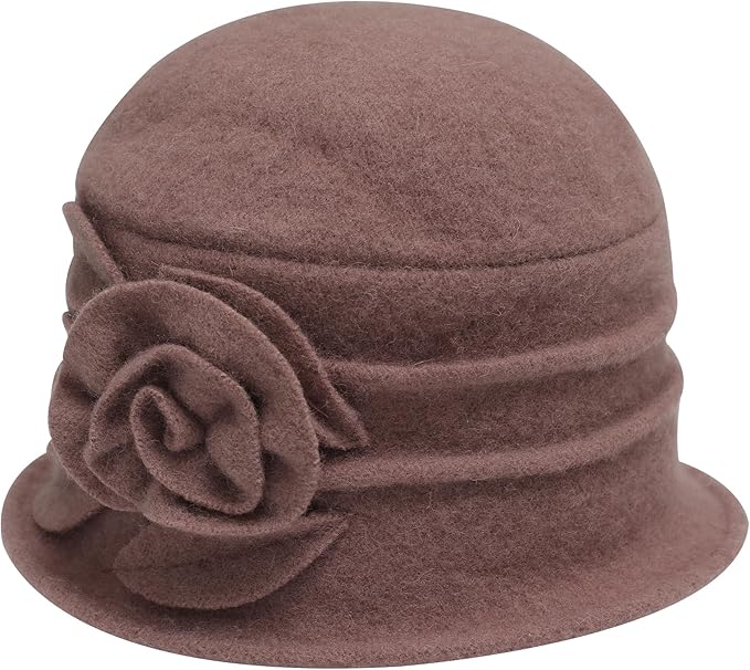 ZLYC Women Wool Cloche Bucket Hat 1920s Vintage Dress Winter Hats with Flower Accent