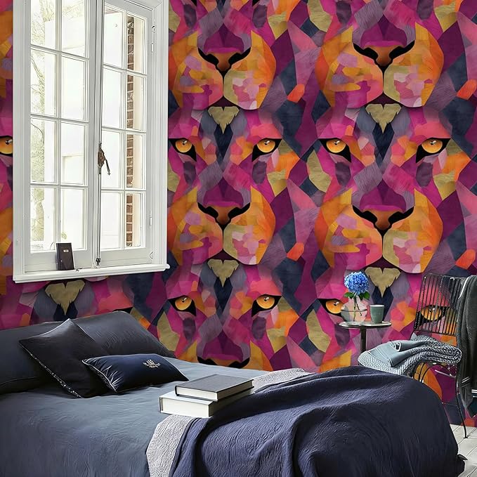 Floral Peel and Stick Modern Animal Wallpaper Whimsical Lion Removable Colorful 17.7" x 118.11" Wall Paper Watercolor Self Adhesive Contact Paper for Classroom Bedroom Laundry Room Bathroom