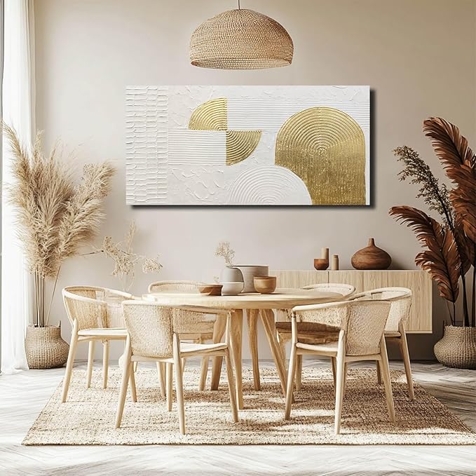 VAYIMDH White Abstract Wall Art Hand Drawn Wall Decor Pictures Semicircle Paintings Arts for Living Room 24"x48" Artwork