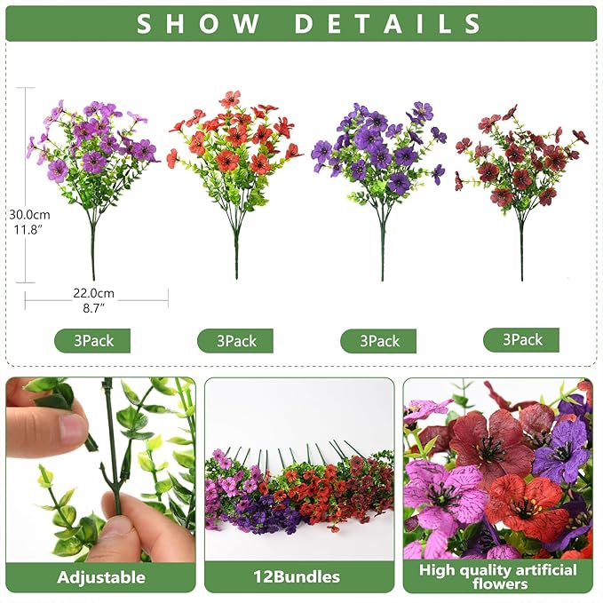INQCMY Artificial Flowers for Outdoors Faux Plants Fake Flowers Spring Summer Decoration,12 Bundles Faux Silk Colorful Daisy Realistic UV Resistant for Outside Home Planter Window Porch Patio Yard