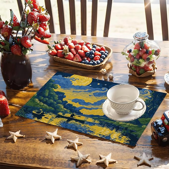 Van Gogh Style Watercolor Painting Placemats, 12 x 18 inch, Linen Placemat Kitchen Dining Room Decor Holiday Decor Rustic Vintage Waterproof Washable Placemat Set of 6