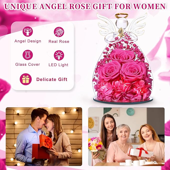 Beferr Christmas Birthday Gifts for Women, Mom Gifts for Christmas Fresh Flowers for Delivery Prime Forever Preserved Rose in Glass Angel Figurine Xmas Gifts for Grandma Wife Sister Her, Rose Red