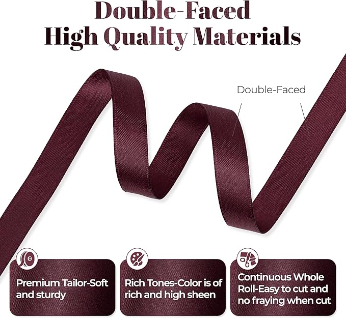Burgundy Satin Ribbon, Double Faced 3/8 Inch X 50 Yards, Premium Polyester Satin Ribbon for Gift Wrapping, Crafts, Wedding Party Decor