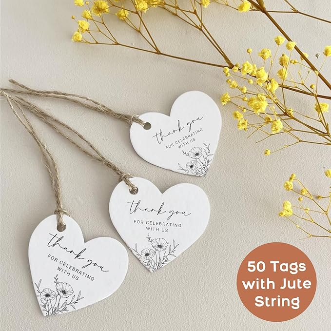 50 Heart Thank You Gift Tags with String Attached, Small Thank You for Celebrating with Us Gift Bag Tags for Presents and Personalized Party Favors - Baby Shower, Wedding, Bridal Shower, Birthday