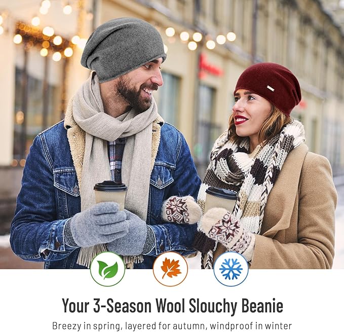 100% Wool Slouchy Beanie, Warm Beanie Hats for Women Breathable Knitting Skull Beanies Cap for Spring Fall Winter