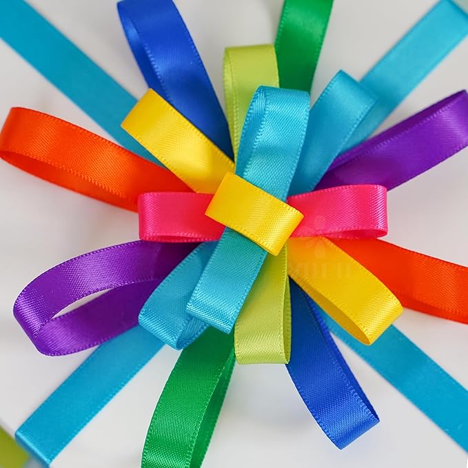 MEEDEE Rainbow Ribbon Solid Color Assortment 10 Colors Double Face Satin Ribbon for Gift Wrapping Happy Birthday Party Decorations, 3/8" X 5 Yard Each Total 50 Yds Per Package