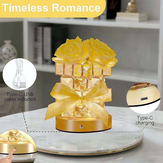 Christmas Gifts for Woman, Touch Crystal Rose Lamp, Elegant Flower lamps, Yellow Roses Crystal Lights Base, Yellow Nightlight, Gifts for Her, Mom, Wife, Girlfriend, Valentines, Birthday Gifts