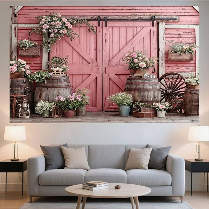 10x10ft Country Wedding Pink Photography Backdrop Rustic Wooden Door Photography Backdrop Farmhouse Flower Western Girl Birthday Baby Shower Wedding Bridal Party Banner Photo Booth Props Background