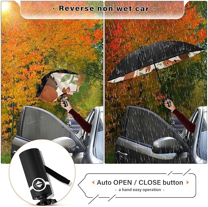 Squirrels and Flowers Pattern Print Folding Umbrella Compact Travel Automatic Open Close Sun UV Protection Reverse Inverted Umbrella for Rain Women Men Outsid