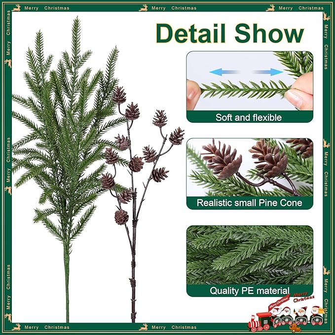 Artificial Christmas Norfolk Pine Stems Branches for Vases,12 Bundles Fake Pine Stems with 2 PCS Small Pinecones Branches Faux Evergreen Real Touch Greenery for Xmas Holiday Winter Table Indoor Decor