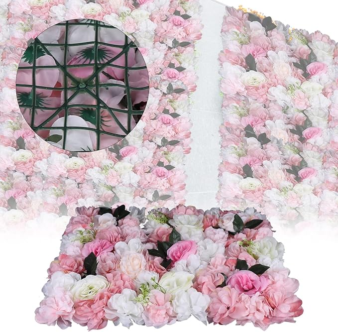 12Pcs 15.75" x 23.62x 0.79 Artificial Flower Wall Panels,Flower Wall Mat Silk Flower Panels for Outdoor Garden Backyard Fence Fence Privacy Screen and Indoor Wall Decor(12Pcs White+Pink)