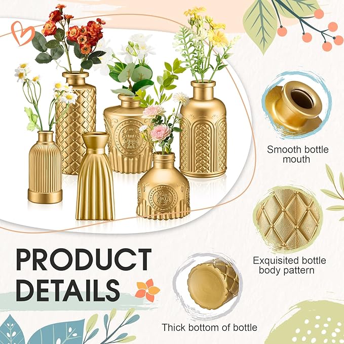 Yaomiao 30 Pcs Vases Bulk Colored Flower Glass Christmas Vases Bud Vintage Colored Glass Bottles Colorful Rustic Embossed for Home Wedding Table Decorations Gifts(Gold Series)