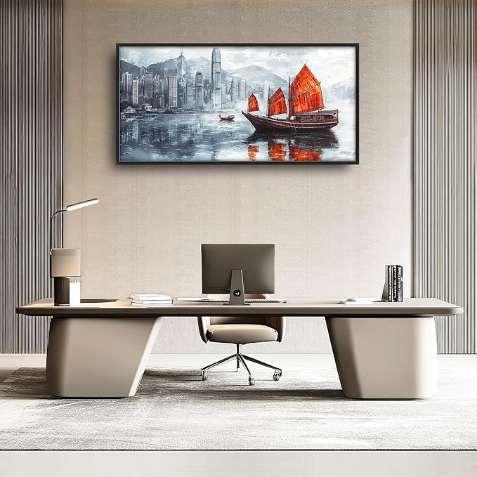 Cityscape Boat Large Wall Art Sailboat Pictures Wall Decor Coastal Canvas Ocean Nautical Print Painting Modern Artwork Home Decoration for Living Room Bathroom Bedroom Office Framed 60"x30"