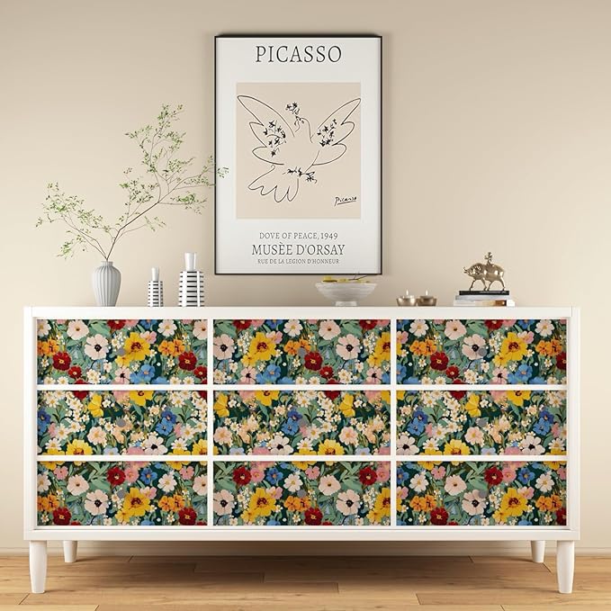 Colorful Floral Peel and Stick Wallpaper Boho Leaf Contact Paper Watercolour Wall Paper for Accent Wall Closet Cabinet Shelf Liner Removable Renter Friendly 17.5 x 393.5In