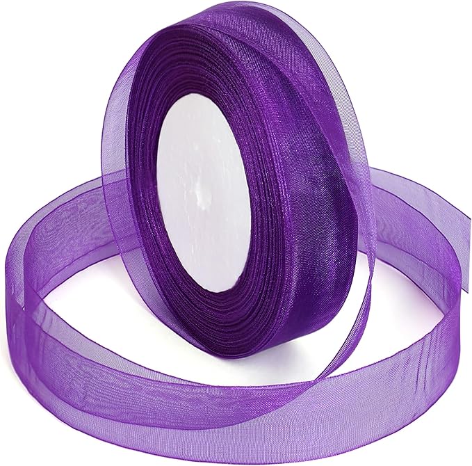 Purple Ribbon for Gift Wrapping, 1 inch 50Yard Sheer Organza Tulle Ribbon, Dark Purple Gifts Wrap Chiffon Ribbons for Crafts, Flower Bouquet, Wedding, Valentines Day, Mothers Day, Christmas