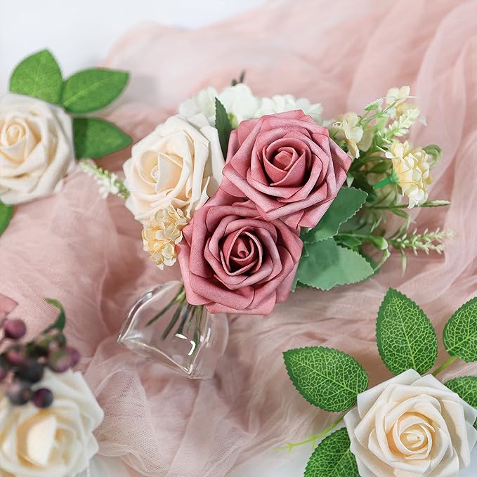 Meldel Artificial Flower 25pcs Real Touch Champagne Rose Fake Foam Roses with Stems for DIY Wedding Bouquets Gifts Bridal Shower Faux Floral Centerpieces Arrangements Home Party Tables Decorations