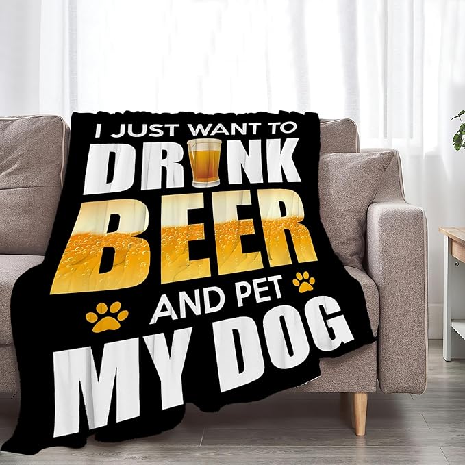 Funny Beer and Dog Throw Blanket - Gifts and Decor for Men Women Adults - Soft Warm Cozy Fleece for Couch Sofa Bed 50"x40"