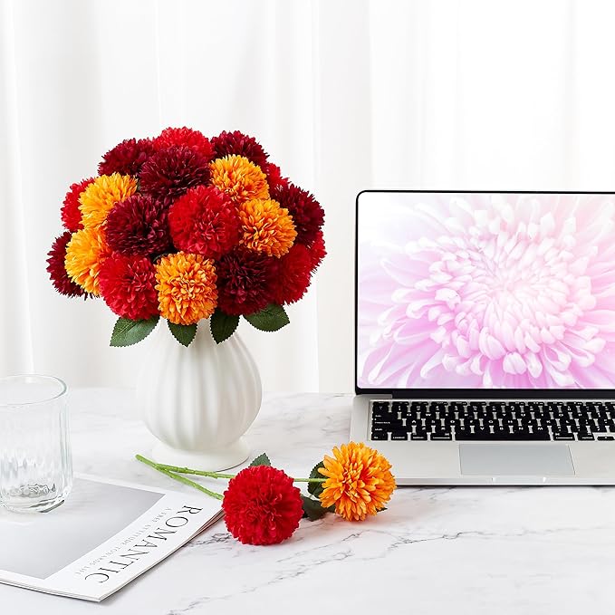 SITUMEIZI 12 Pcs Artificial Chrysanthemums Flowers Ball Flower Fake Mums Silk for Wedding Home Kitchen Decoration Floral Arrangement(Burgundy,Red,Orange)