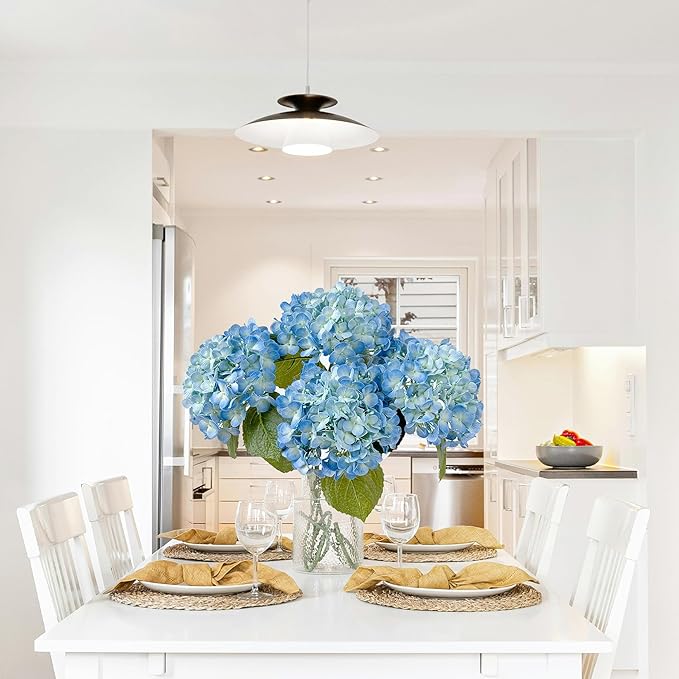 4 Pcs Real Touch Blue Hydrangeas Artificial Flowers 20'' Real Looking Faux Hydrangeas for Party Wedding Home Decor Kitchen Baby Shower Flower Arrangement