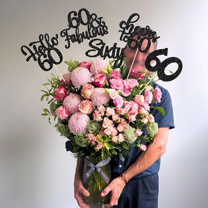 Gyufise 15Pcs 60th Birthday Centerpiece Sticks Sixty Happy 60th Table Flower Centerpieces Sticks Cheers to 60 Floral Decorations for 60th Birthday Party Centerpieces Supplies Black